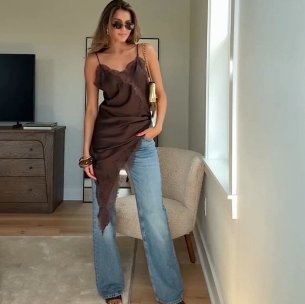 ZARA ASYMMETRIC LACE DRESS Brown Chocolate - Picture 8 of 16